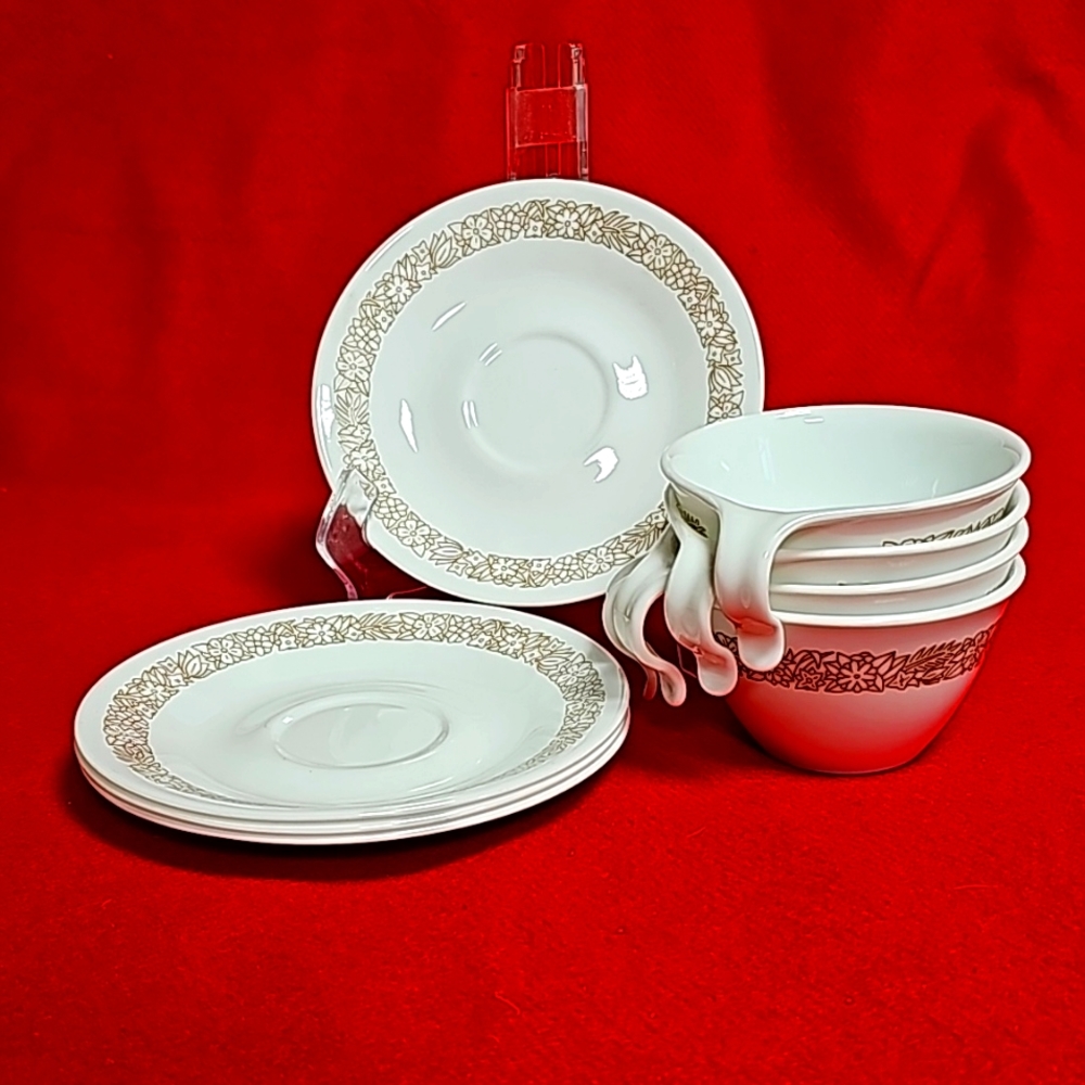Corelle Corning WOODLAND Brown Outline Flowers Milk Glass Cups Saucers Set Four